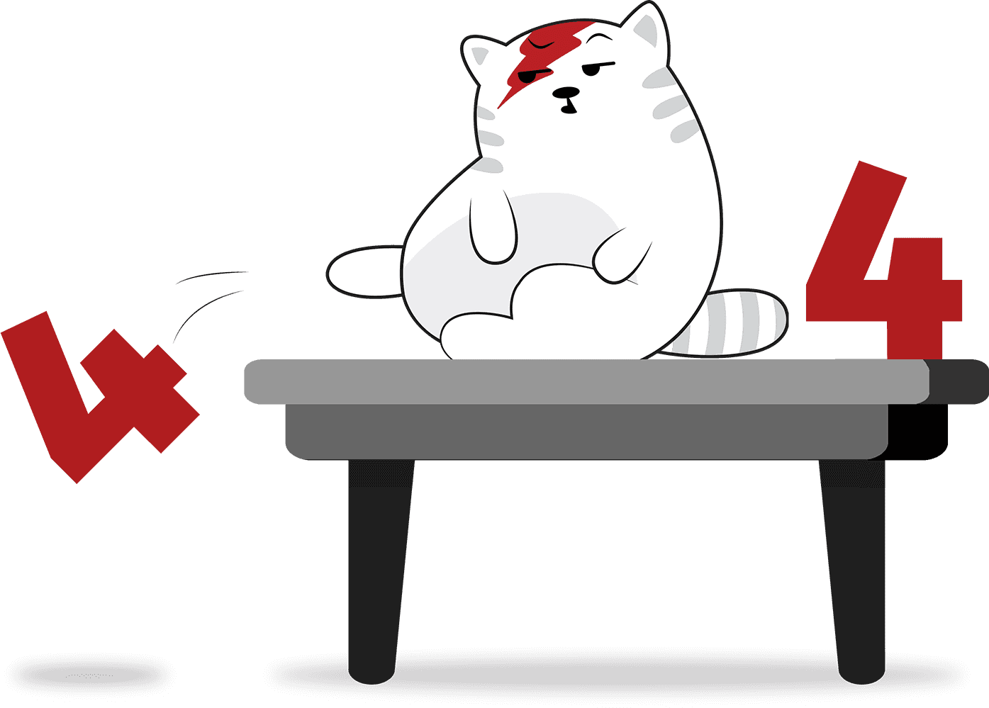Cartoon cat kicking 404 off of table