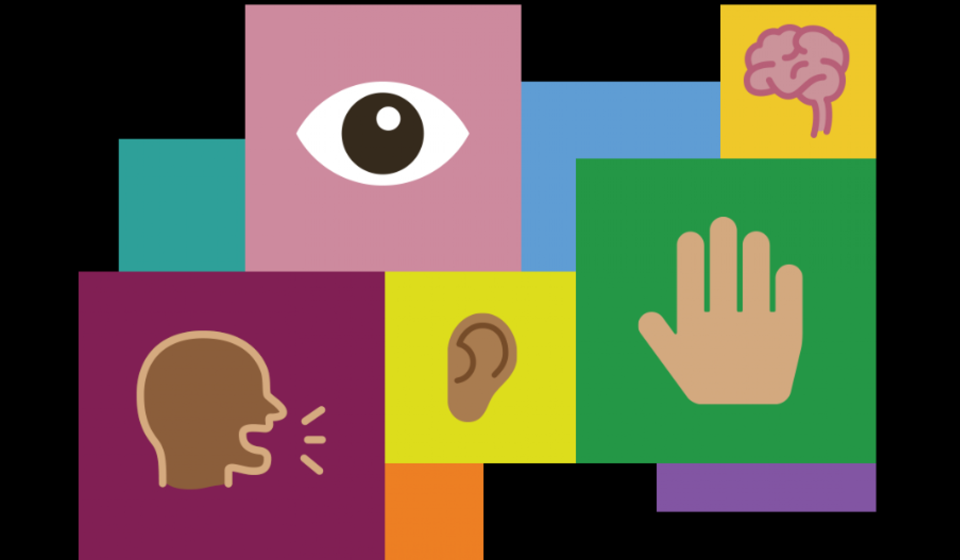 Illustration of a person speaking, an eye, an ear, a hand and a brain