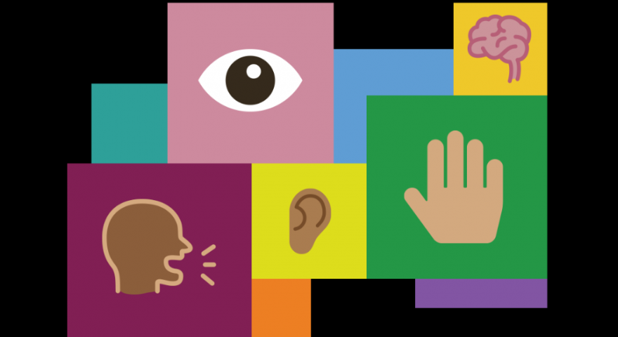 Illustration of a person speaking, an eye, an ear, a hand and a brain