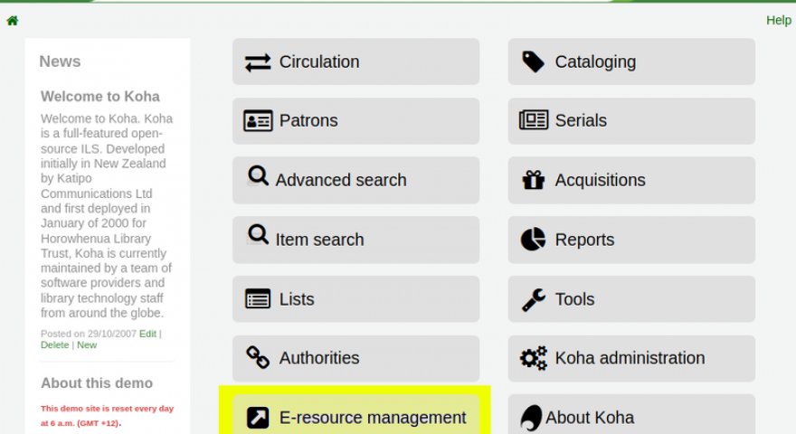 E resource management module link highlighted yellow on the Koha staff client home page after the ERMModule system preference is enabled.