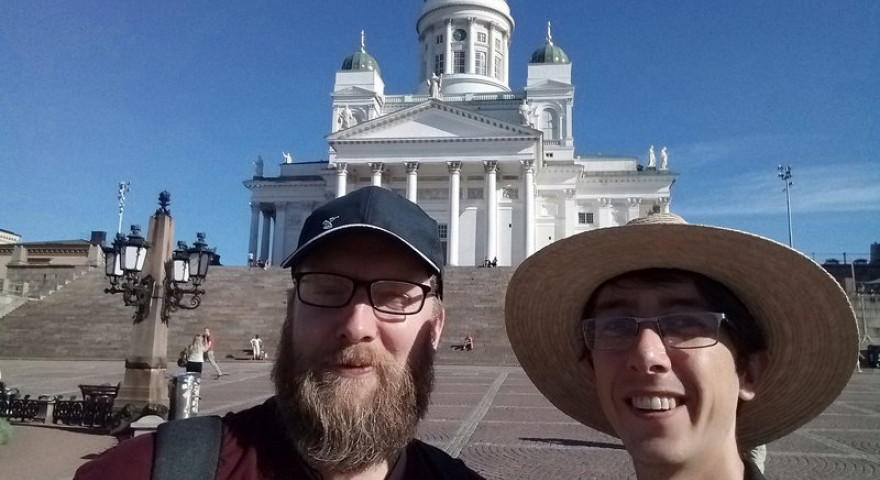 Chris Cormack and Alex Buckley on their way to the Helsinki harbour sea cruise with the white and green doomed Helsinki Cathedral in the background
