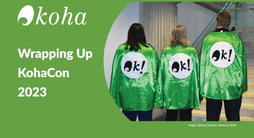 Image with a green background and Koha logo with three people in Koha capes from the Catalyst Koha team