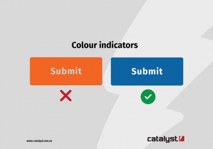 Colour indicators. An example of the bad use of colour to imply function with an orange submit button, and a blue submit button as an example of good colour indication