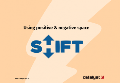 Using postive and negative space. The word shift is used to creatively imply an 'h' is there without using the letter