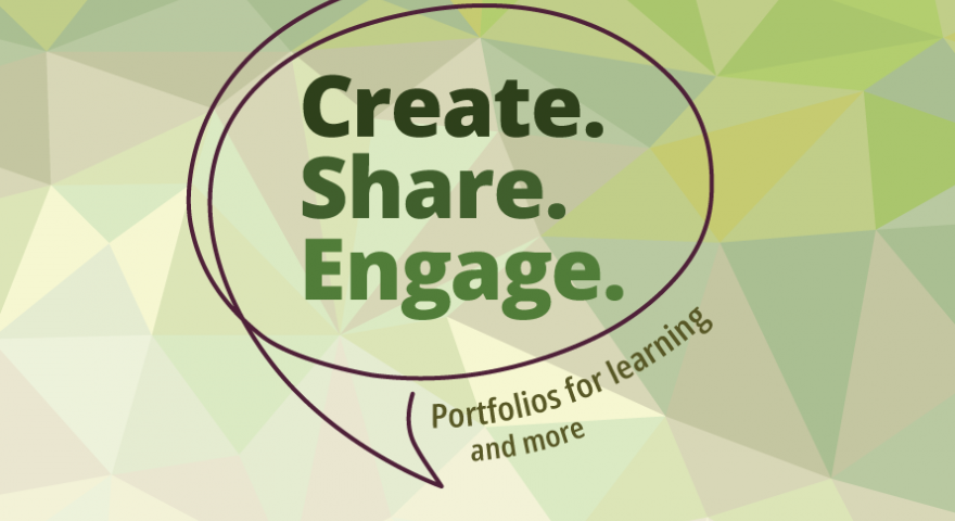 Logo for Create. Share. Engage podcast on a green background. Tagline reads Portfolio for learning and more.
