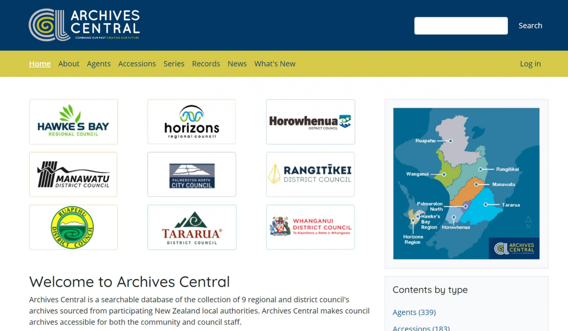 Screenshot of Archives Central homepage which presents the 9 regional and district councils archives and provides the option to search
