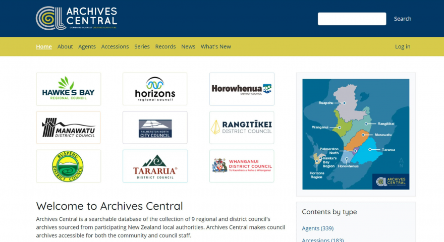 Screenshot of Archives Central homepage which presents the 9 regional and district councils archives and provides the option to search