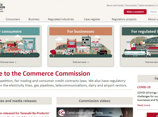 Screenshot of the Commerce Commision website showcasing options for consumers businesses and regulated industries