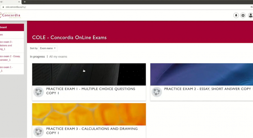 Screenshot of the Concordia University exams platform COLE Concordia OnLine Exams showcasing the dashboard and three practice exams