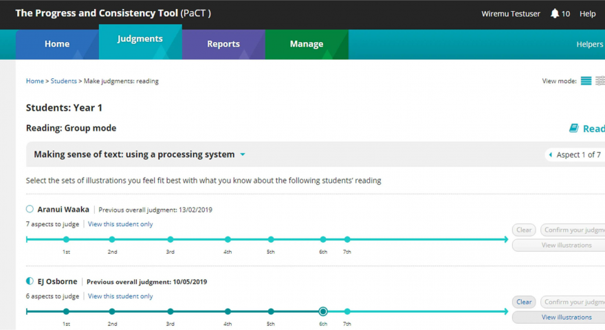 Screenshot of The Progress and Consistency Tool PACT website on the Judgments page which displays a list of students and their reading levels in year 1