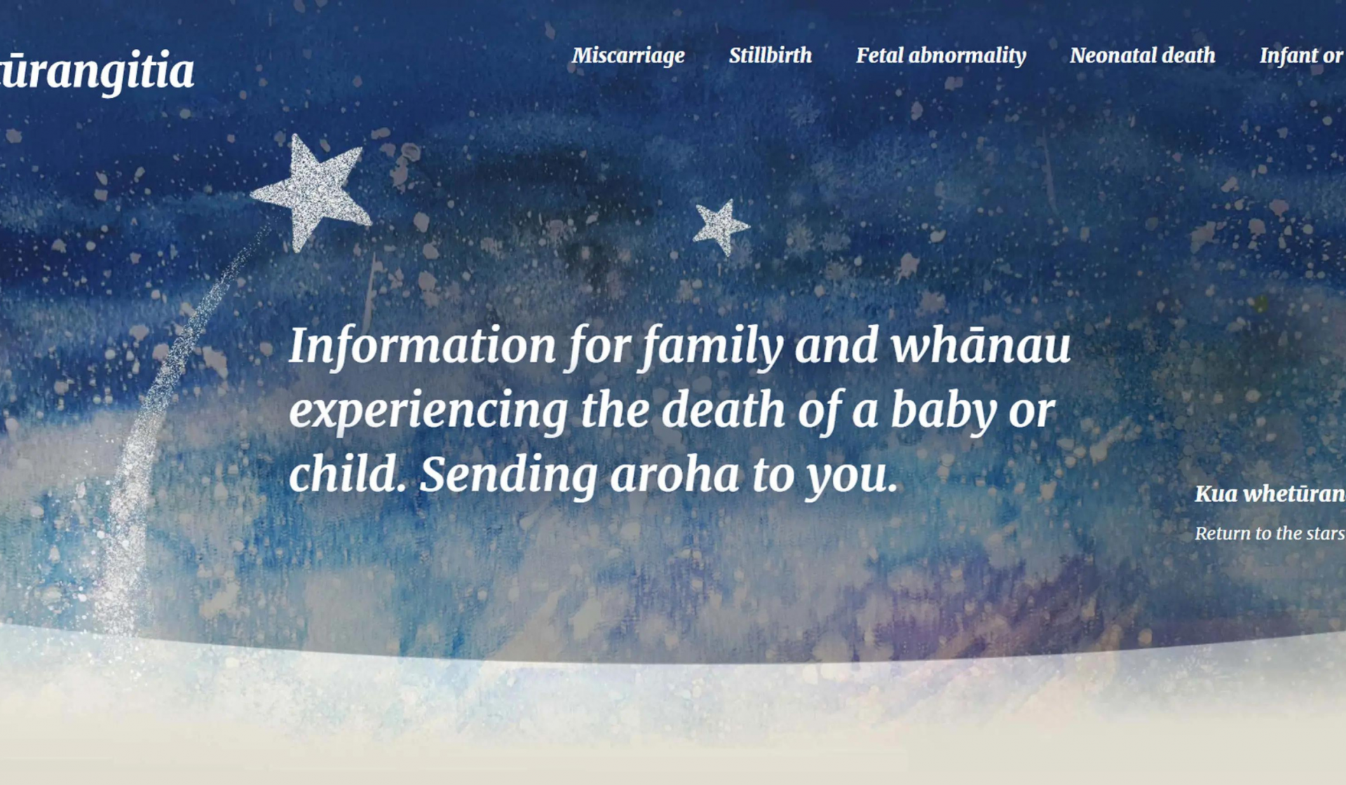 Screenshot of the homepage of Wheturangitia Information for familing and whanau experiencing the death of a baby or child. Sending aroha to you
