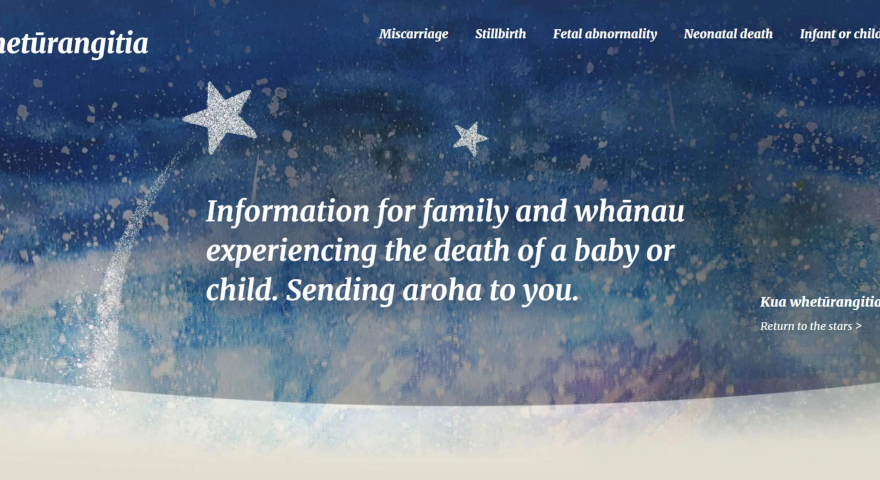 Screenshot of the homepage of Wheturangitia Information for familing and whanau experiencing the death of a baby or child. Sending aroha to you