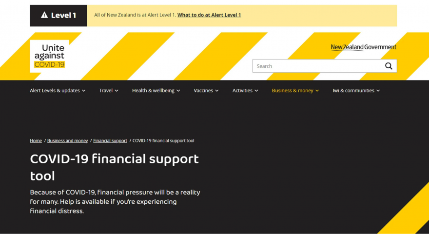 Screenshot of the Unite against COVID 19 website on the COVID 19 financial support tool