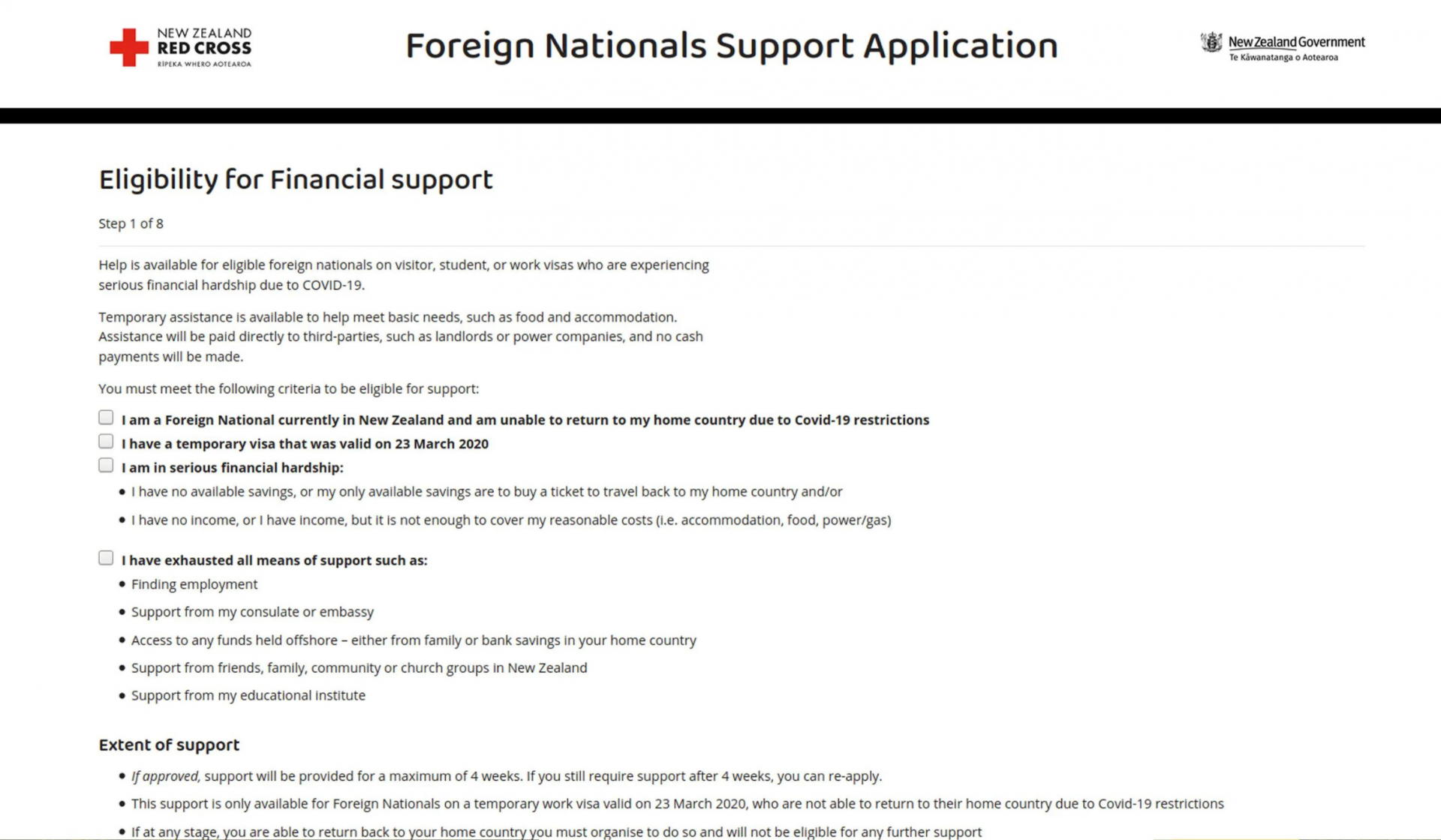Screenshot of the New Zealand Red Cross website on the Foreign Nationals Support Application