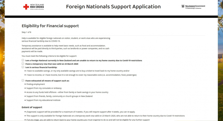 Screenshot of the New Zealand Red Cross website on the Foreign Nationals Support Application