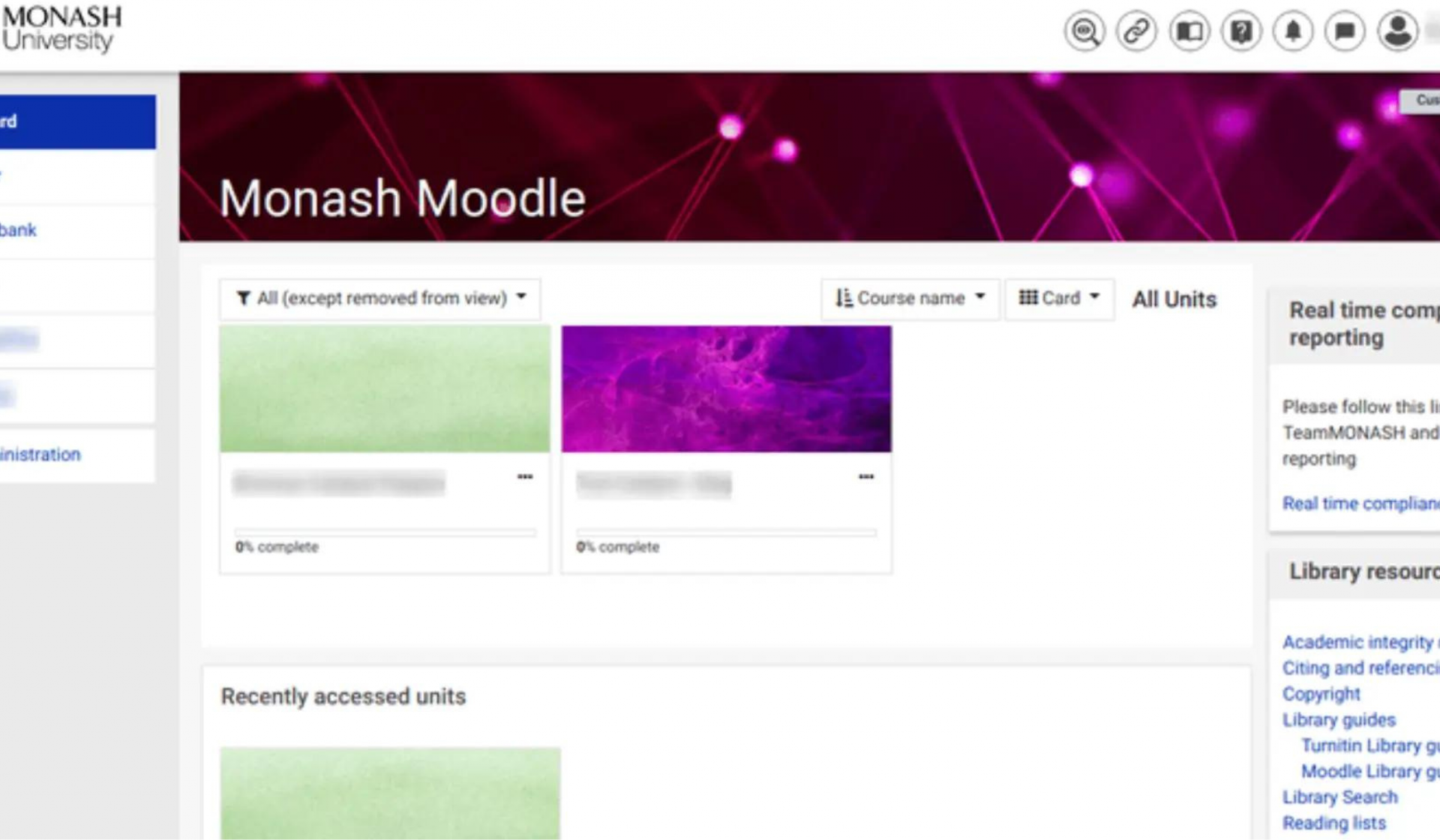 Screenshot of Monash Universitys Moodle LMSs dashboard displaying course options