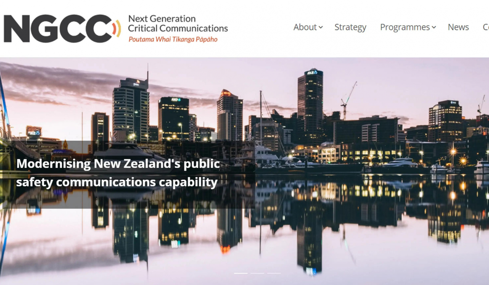 Screenshot of the NGCC website homepage Modernising New Zealands public safety communications capability 