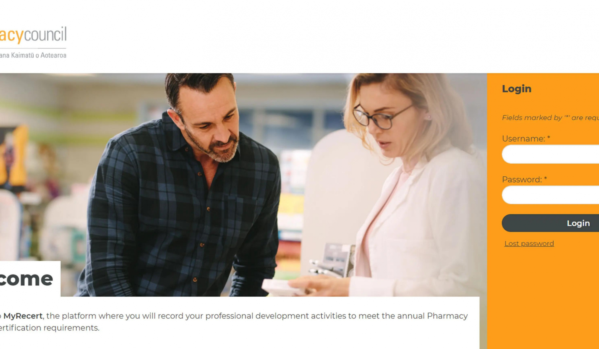 Screenshot of the Pharmacy Councils website MyRecerts login page