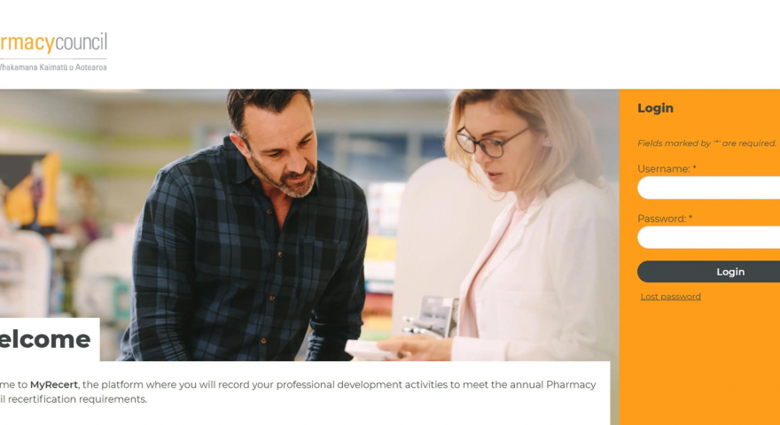 Screenshot of the Pharmacy Councils website MyRecerts login page