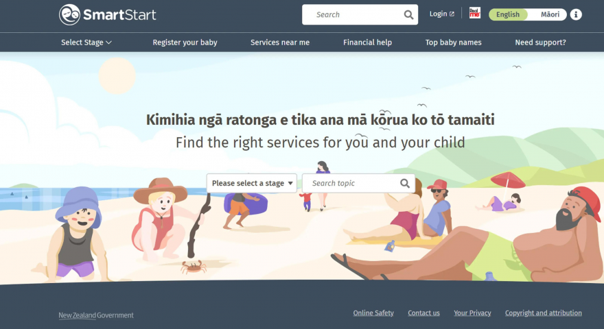 Screenshot of the SmartStart homepage featuring a search bar and a dropdown to enable users to find services for their child.