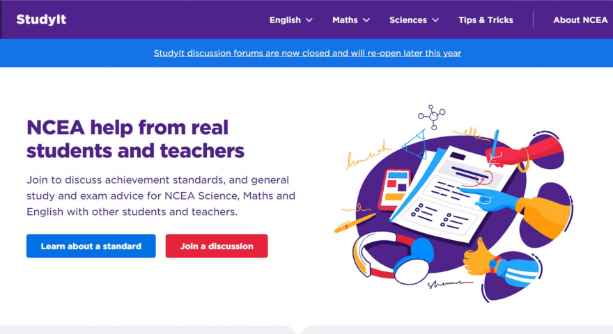 Screenshot of the StudyIt homepage which presents the heading NCEA help from real students and teachers and provides options to learn about a standard or join a discussion