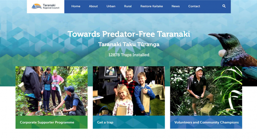 Screenshot of the Taranaki Regional Council website showcasing the Towards Predator Free Taranaki website with options to volunteer get a trap and check out the corporate supporter programme
