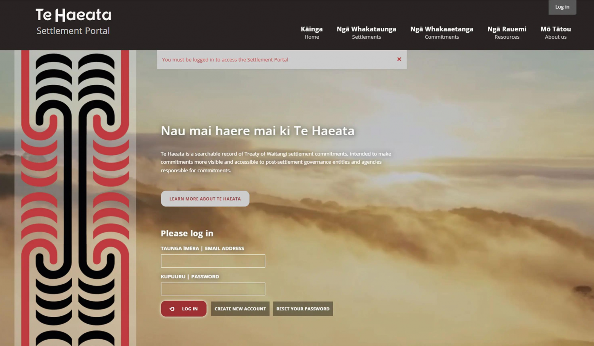 Screenshot of the login page of the Te Haeata Settlement Portal