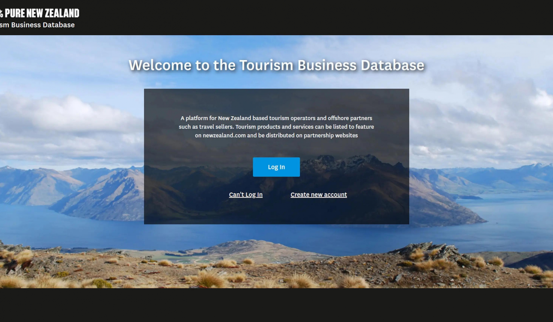 Screenshot of 100 Pure New Zealand Tourism Business Database website login page