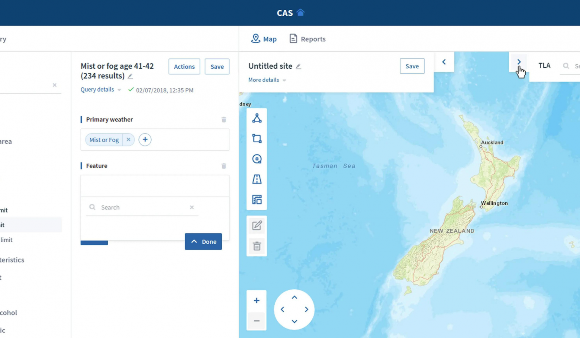 Screenshot of Crash Analysis System website displaying a map of New Zealand and options to search