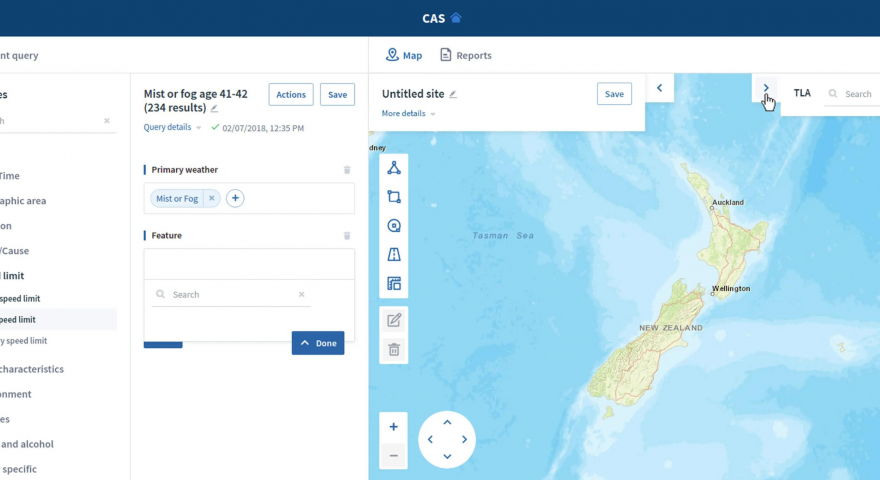 Screenshot of Crash Analysis System website displaying a map of New Zealand and options to search