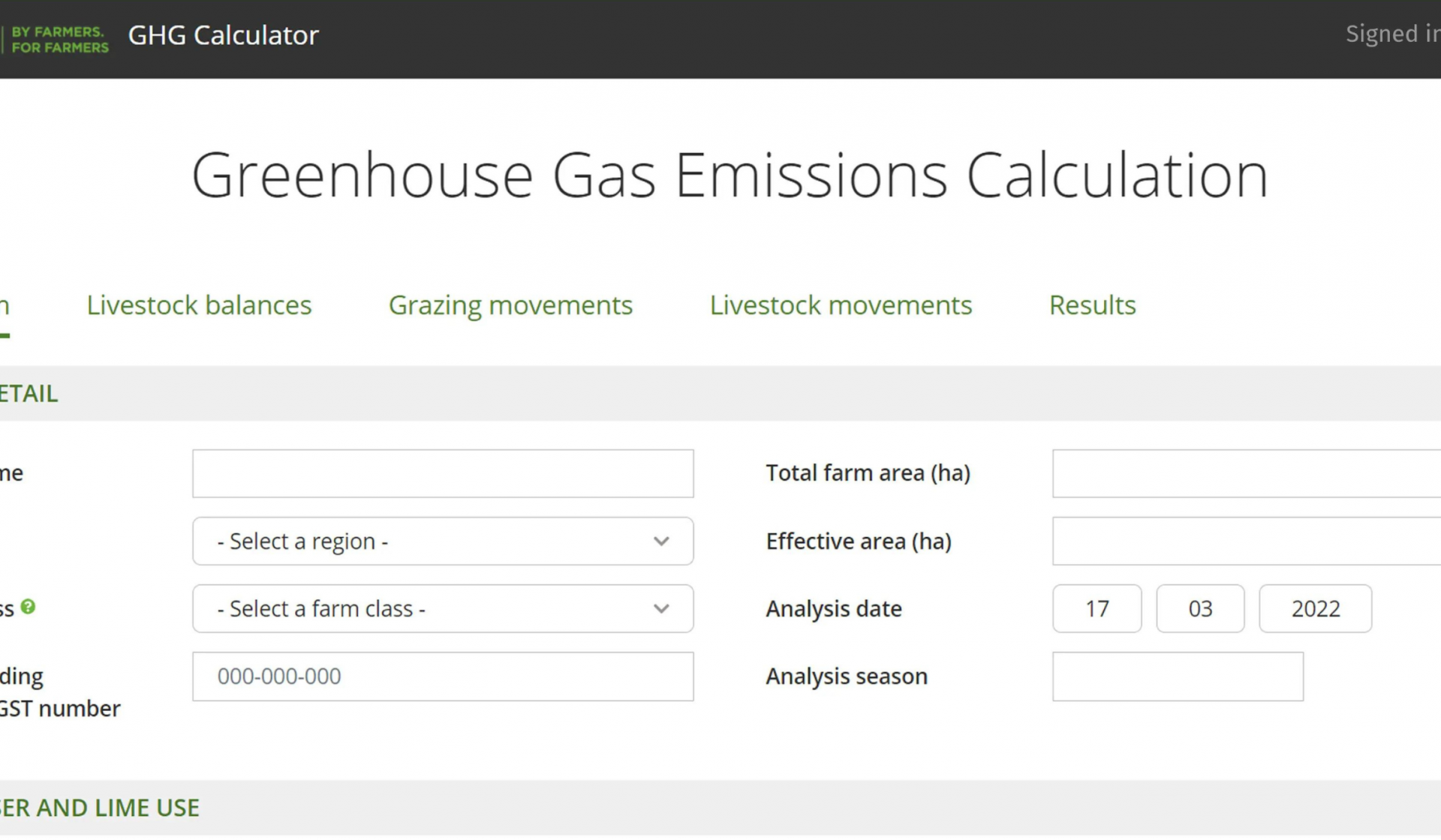 Screenshot of Beef + Lamb CHG Caluculator Greenhouse Gas Emissions Calculation with the options to fill in the details about your farm