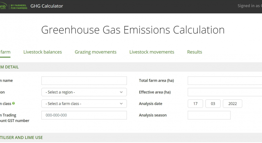 Screenshot of Beef + Lamb CHG Caluculator Greenhouse Gas Emissions Calculation with the options to fill in the details about your farm